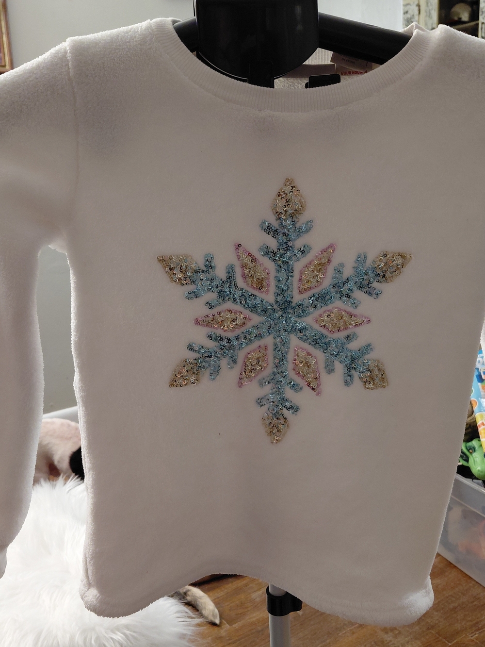 Cynthia Rowley White Sweater with Blue, Gold & Pink Snowflake
